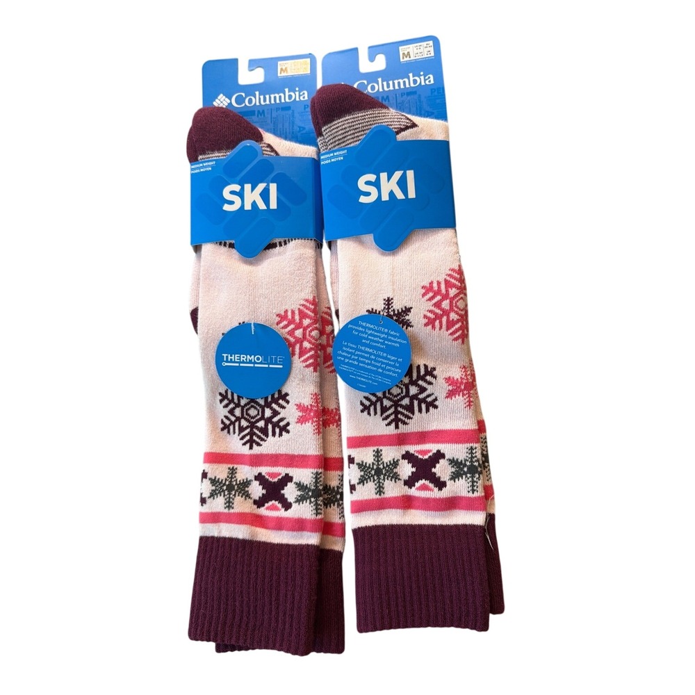 2 Pair Columbia Thermolite Ski Socks Medium Mens 6-9 Womens 8-11.5 Pink Burgundy